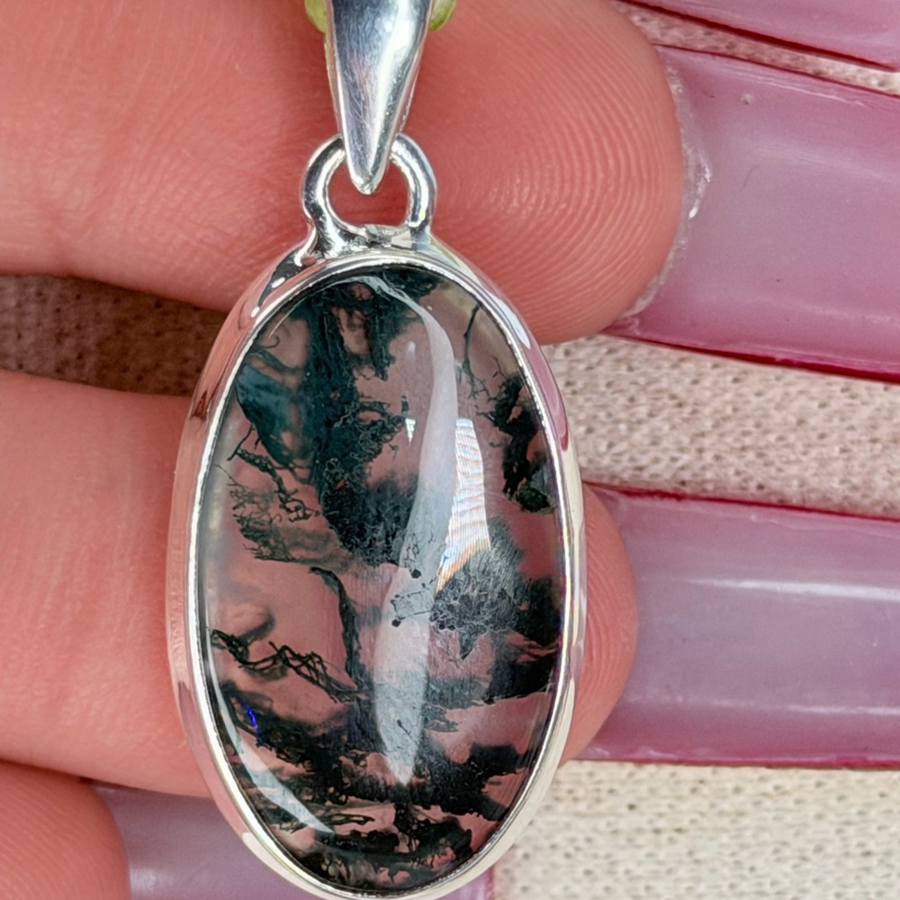 AAA Moss Agate Pendant • Solid 925 Sterling Silver • India - Picture 6 of 8